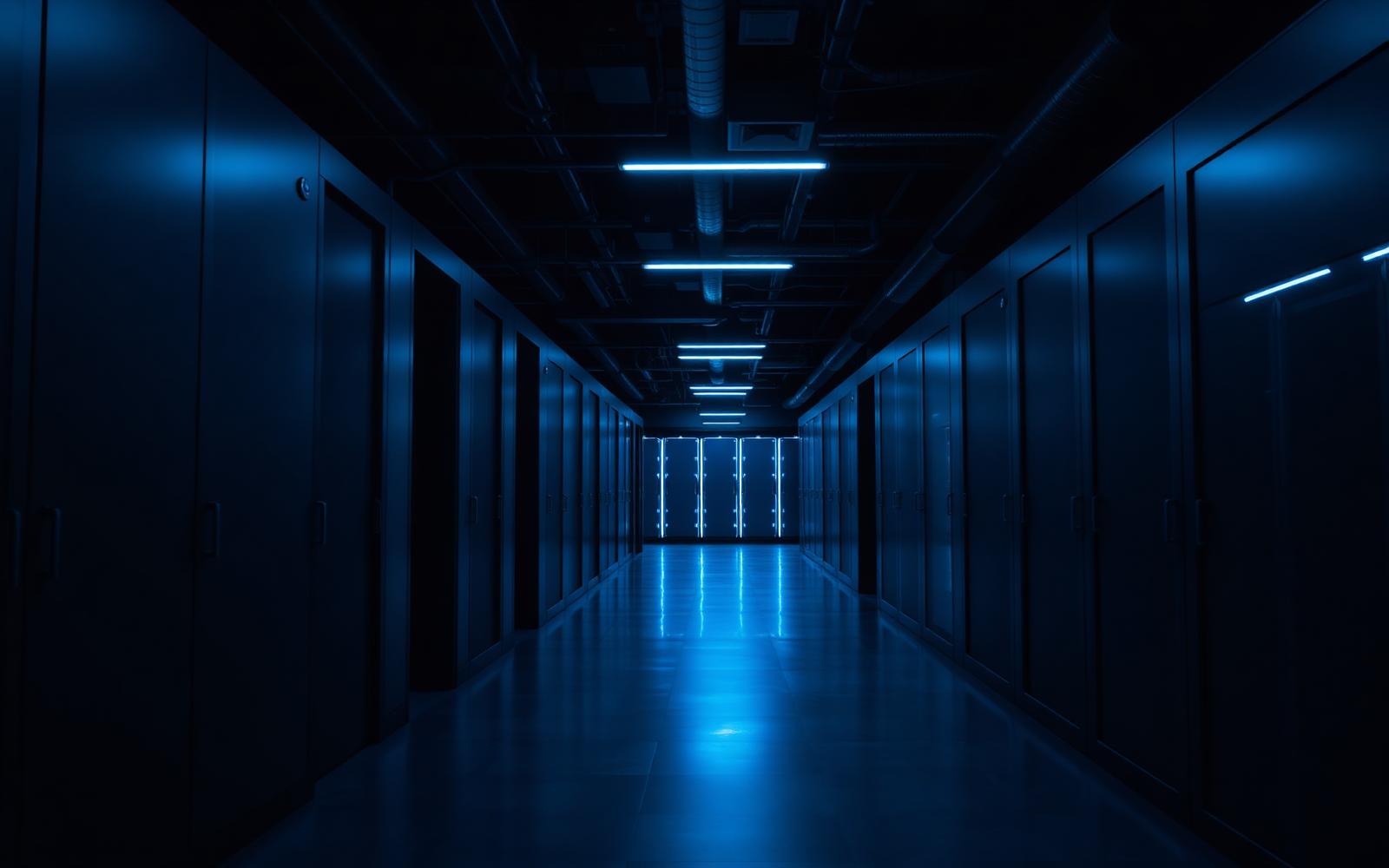 Commercial office corridor with server room lighting